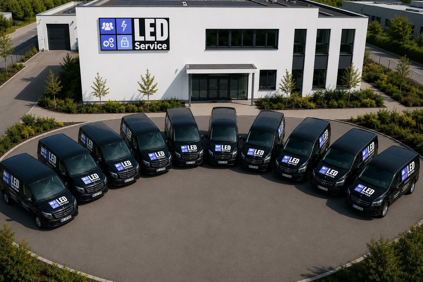Servicefahrzeug-Flotte der LED Service vor dem Unternehmenssitz in Sinzheim